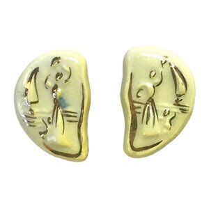 Vintage Ceramic Clip On Biomorphic Earrings Italy Yellow Ombre w/ Gold Detailing